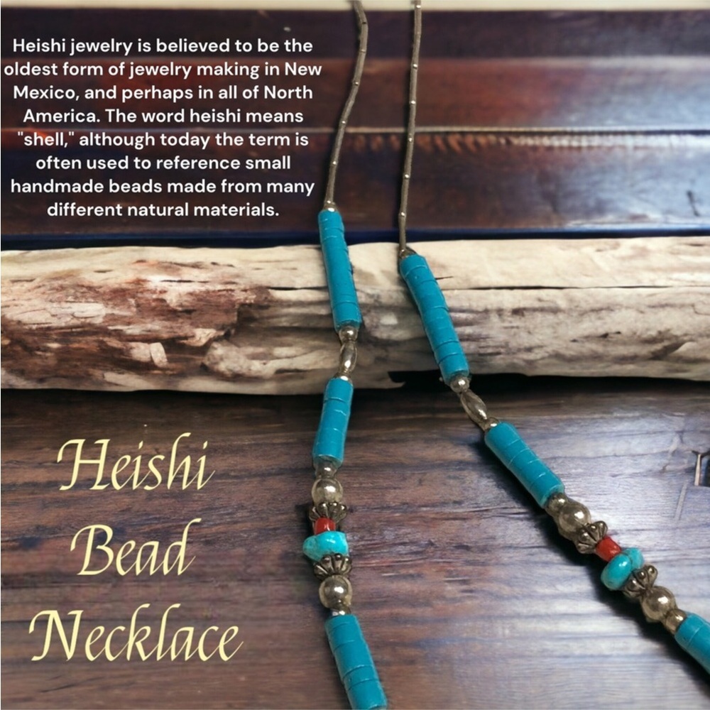 SALE | Vintage Sterling Silver Turquoise & Coral Heishi Bead Necklace - Picture 2 of 6
